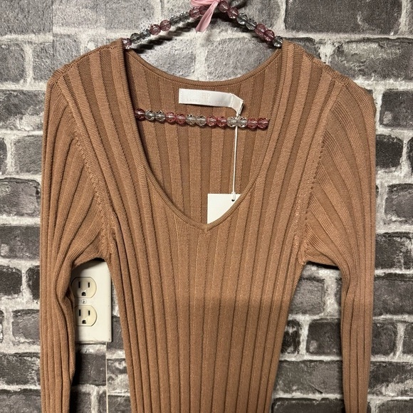 NWT Rachel Parcell WIDE RIB SWEATER DRESS camel brown bell sleeve slit ribbed - Picture 4 of 12